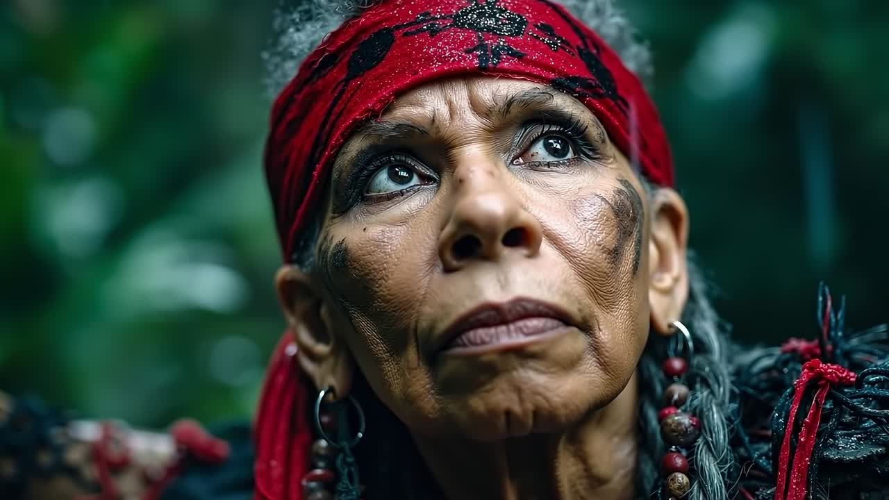 A woman with a red bandana on her head and a black face paint