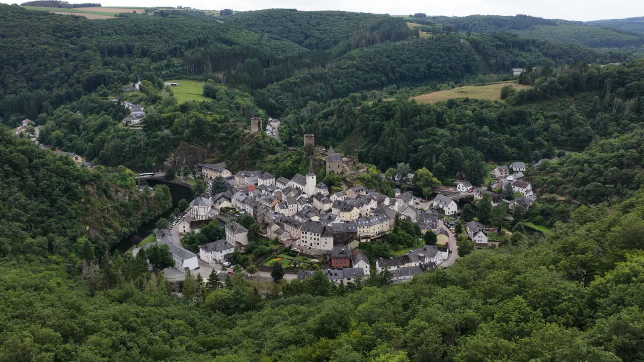 Esch sur sure, Luxembourg, historic small village in the North of Luxembourg. Aerial video