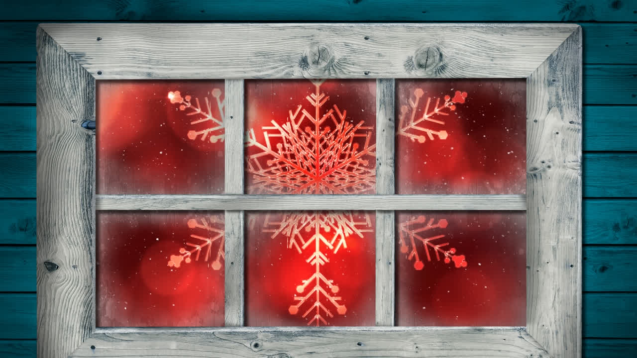 animación de la nieve cayendo sobre la estrella de navidad vista a través de la ventana