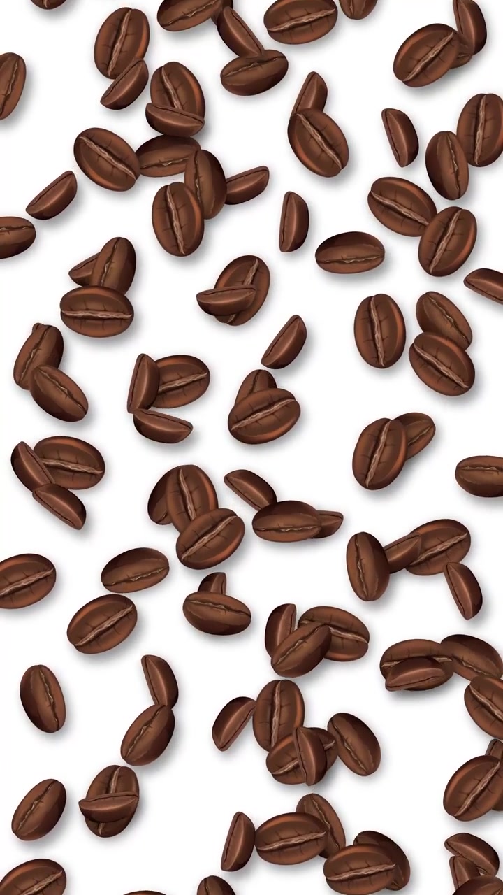 Animazione verticale di chicchi di caffè tostati che cadono su uno sfondo bianco pulito con ombre morbide