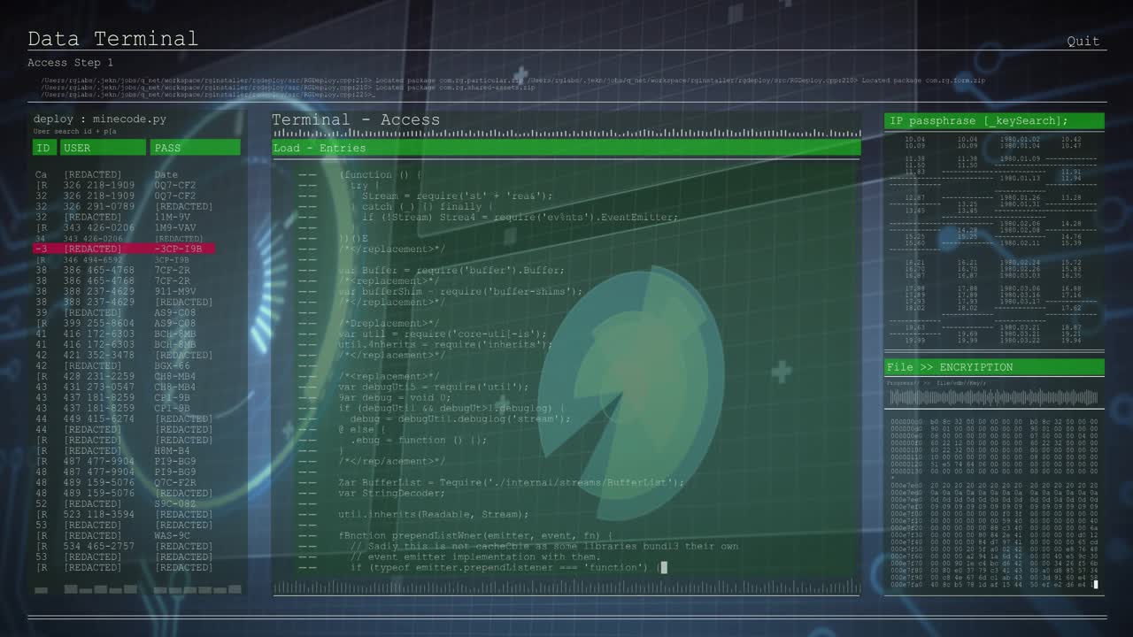 Etter at et panel fader inn, animerer en konsoll et dashbord som visualiserer dekrypteringsfremdrift i en terminal