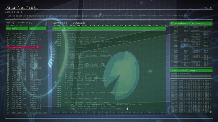 Etter at et panel fader inn, animerer en konsoll et dashbord som visualiserer dekrypteringsfremdrift i en terminal