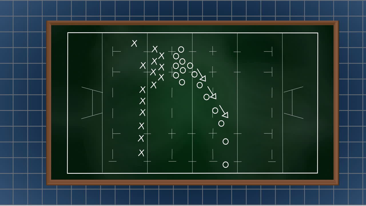 Animation of x, circles and arrow symbols on sports court against grid pattern in background