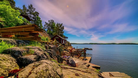 building a boat dock along a shoreline - sliding time lapse