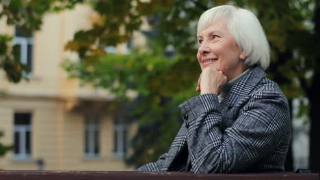 Porträt-Einer-älteren-Frau,-Die-Im-Herbst-Auf-Der-Bank-Im-Park-Sitzt,-Während-Sie-Posiert-Und-In-Die-Kamera-Lächelt