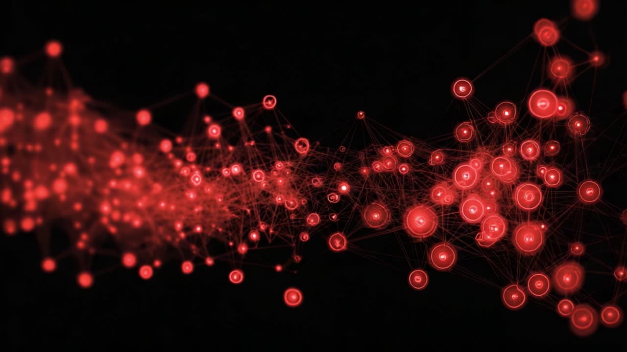 A Dynamic Visualization of Interconnected Red Nodes Against a Dark Background, Showcasing the Fluidity and Complexity of Network Structures in Digital Space
