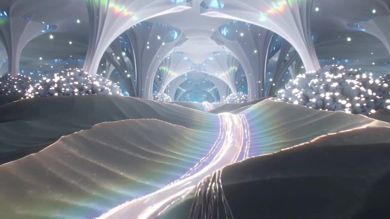 Moving camera tracking luminous ribbon flowing through vast hall toward lit portal, dunes pillars