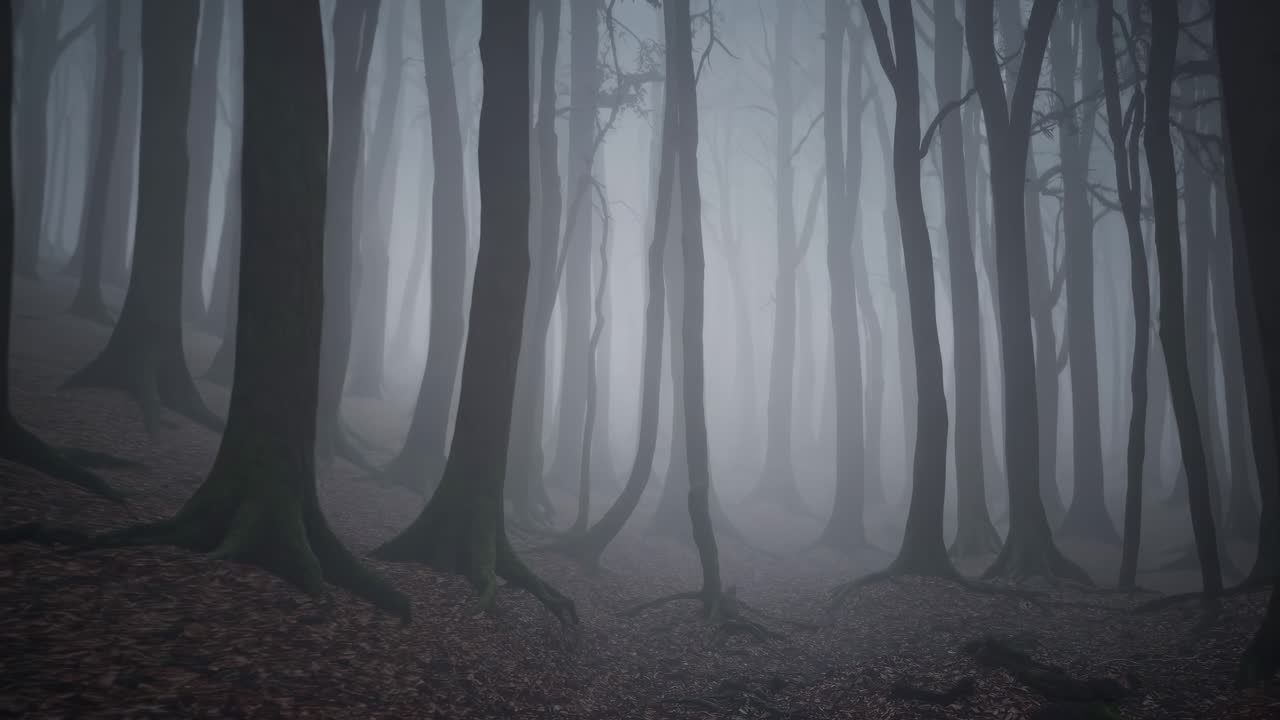 Light fog enveloping a mysterious dark forest creates an enchanting atmosphere, with tall trees rising above a carpet of fallen leaves, evoking a tranquil and moody scene