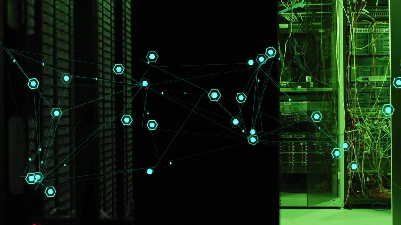 Cyan network overlay reshaping across server racks shifting nodes and rerouting lines by data feed