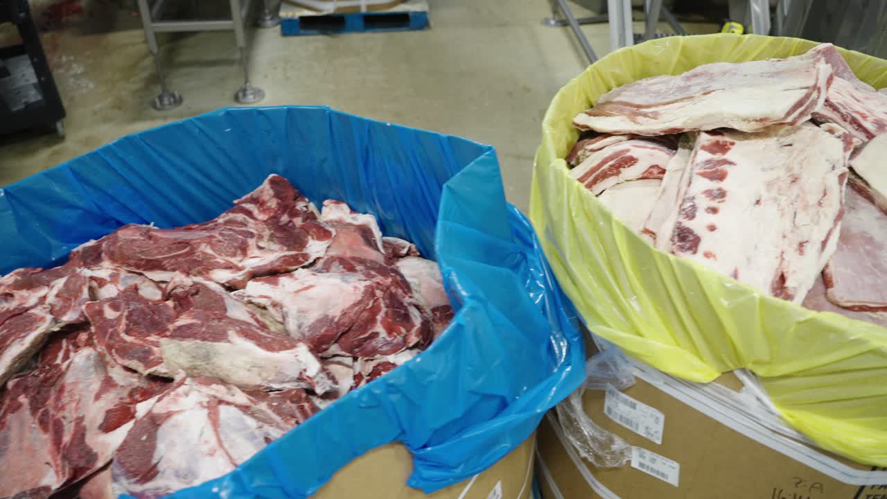 tagli di carne cruda in secchi in un impianto industriale di trasformazione della carne