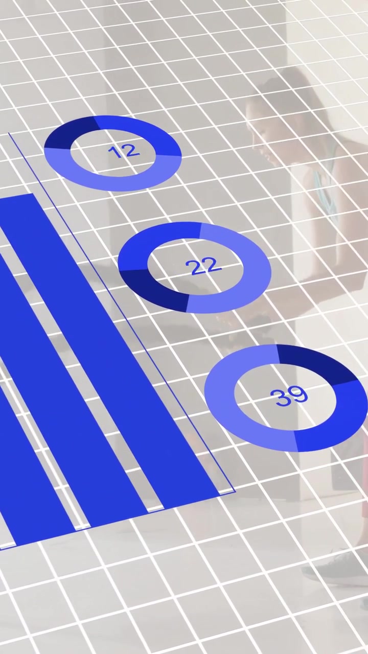Vertical video: Semicircles appearing, data charts animating on grid showing growth, woman shifting
