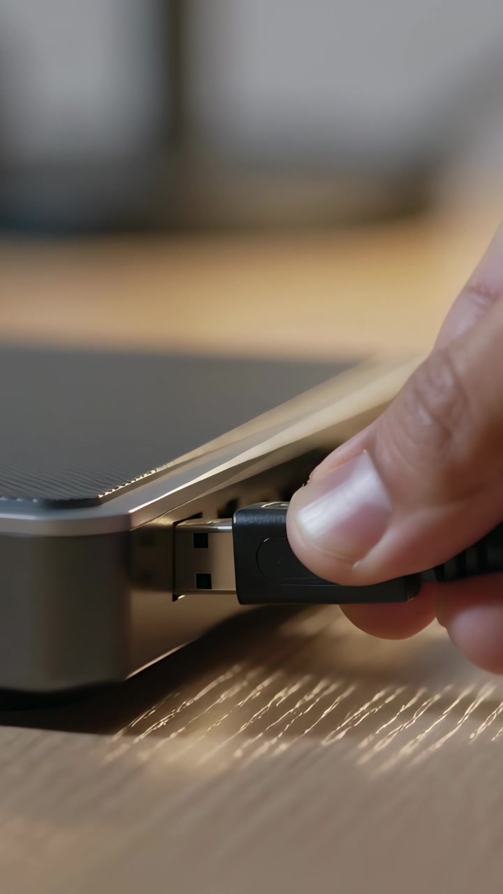 Vertikal video: Kommer ind fra højre, hånd justerer og indsætter USB-A i bærbar computers port, bekræfter