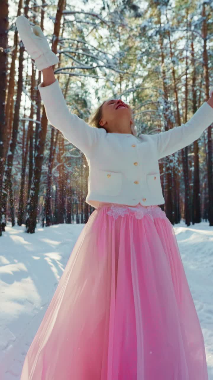 Donna felice in gonna rosa e giacca bianca che si gode la neve che cade in una foresta invernale