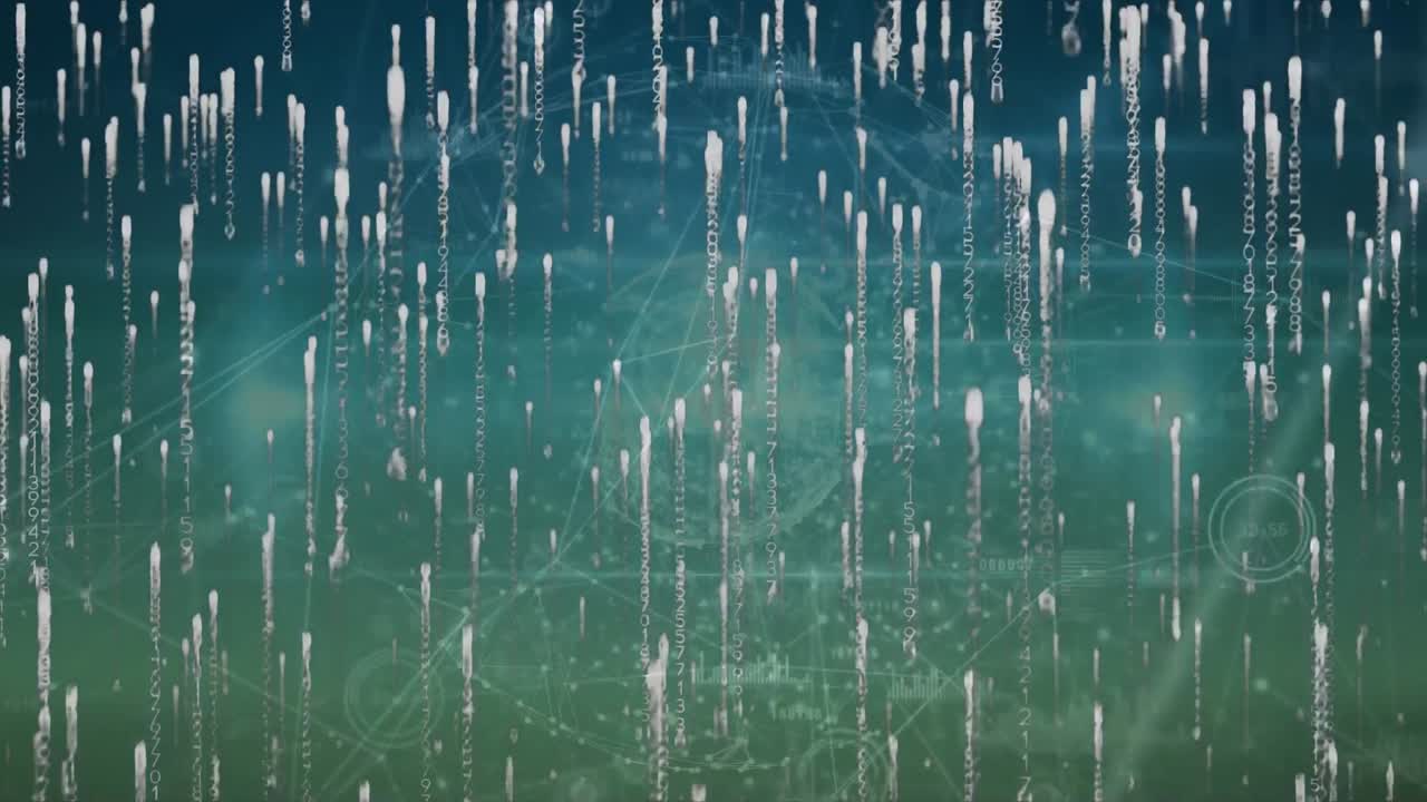 파란색과 초록색 바탕에 연결 네트워크와 데이터 처리의 애니메이션