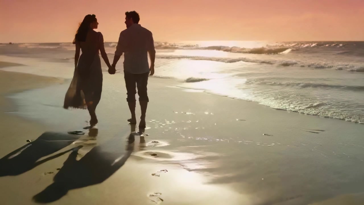 Walking couple holding hands on beach during sunset, woman in flowing dress, leaving footprints