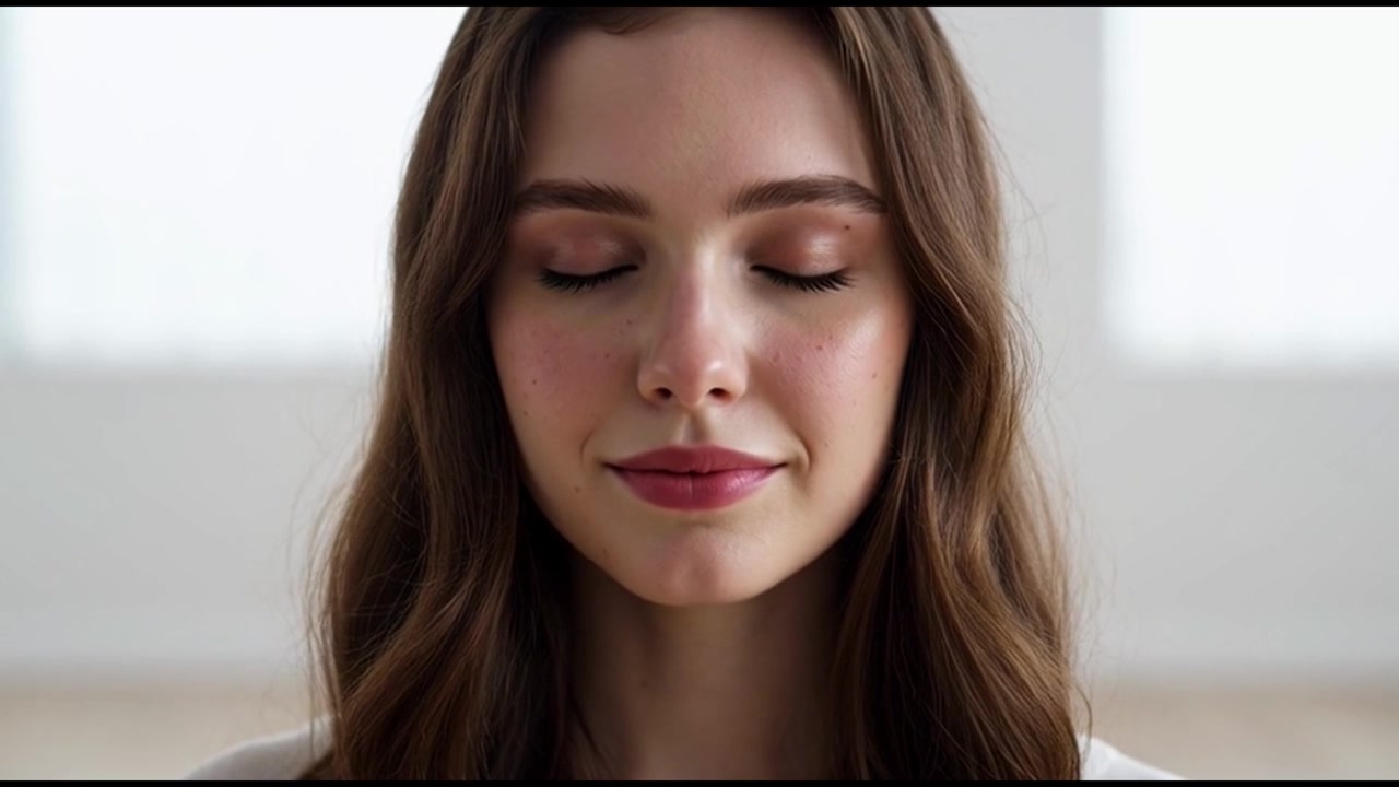 Giovane donna che medita in una stanza luminosa e minimalista