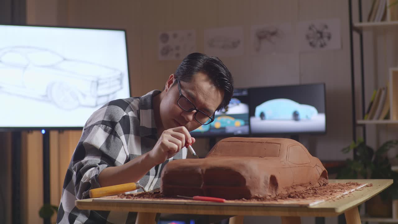 Asian Man Automotive Designer Celebrating Success Working On The Sculpture Of Car Clay By Rake Or Wire In The Studio