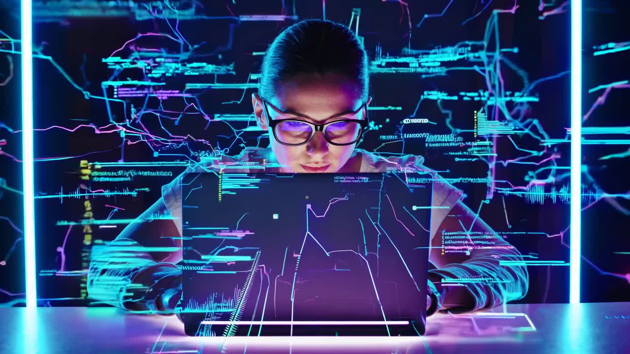 Et futuristisk videokoncept, der viser en kvinde, som koder på en laptop, med digitale neon-overlejringer