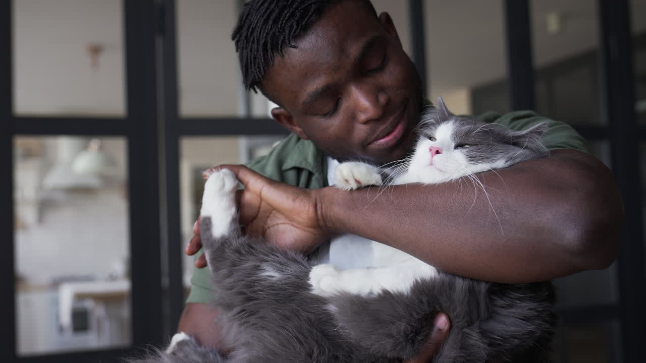 el dueño de la mascota con su gato