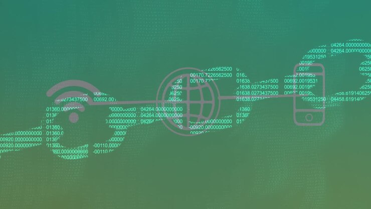 Animation of data processing over chain and media icons
