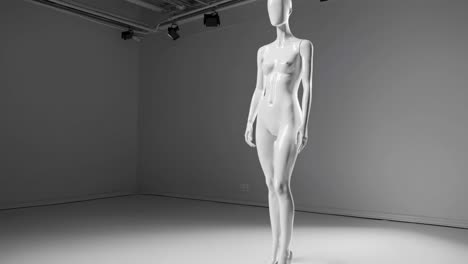a minimalist video concept featuring a glossy white mannequin in a studio, captured from a low