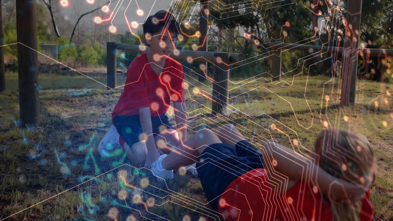 Playing outdoors, children with circuit board animation overlay in park setting