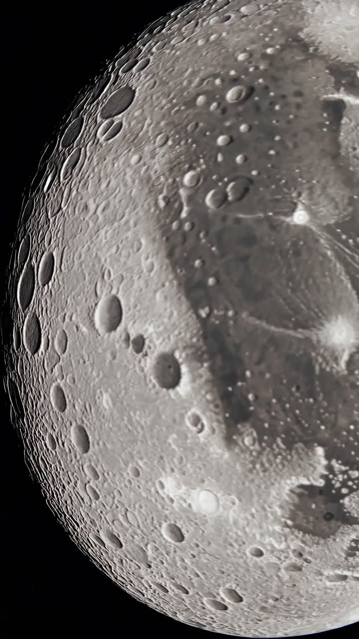 Close-up video still of the moon's cratered surface, captured at an oblique angle