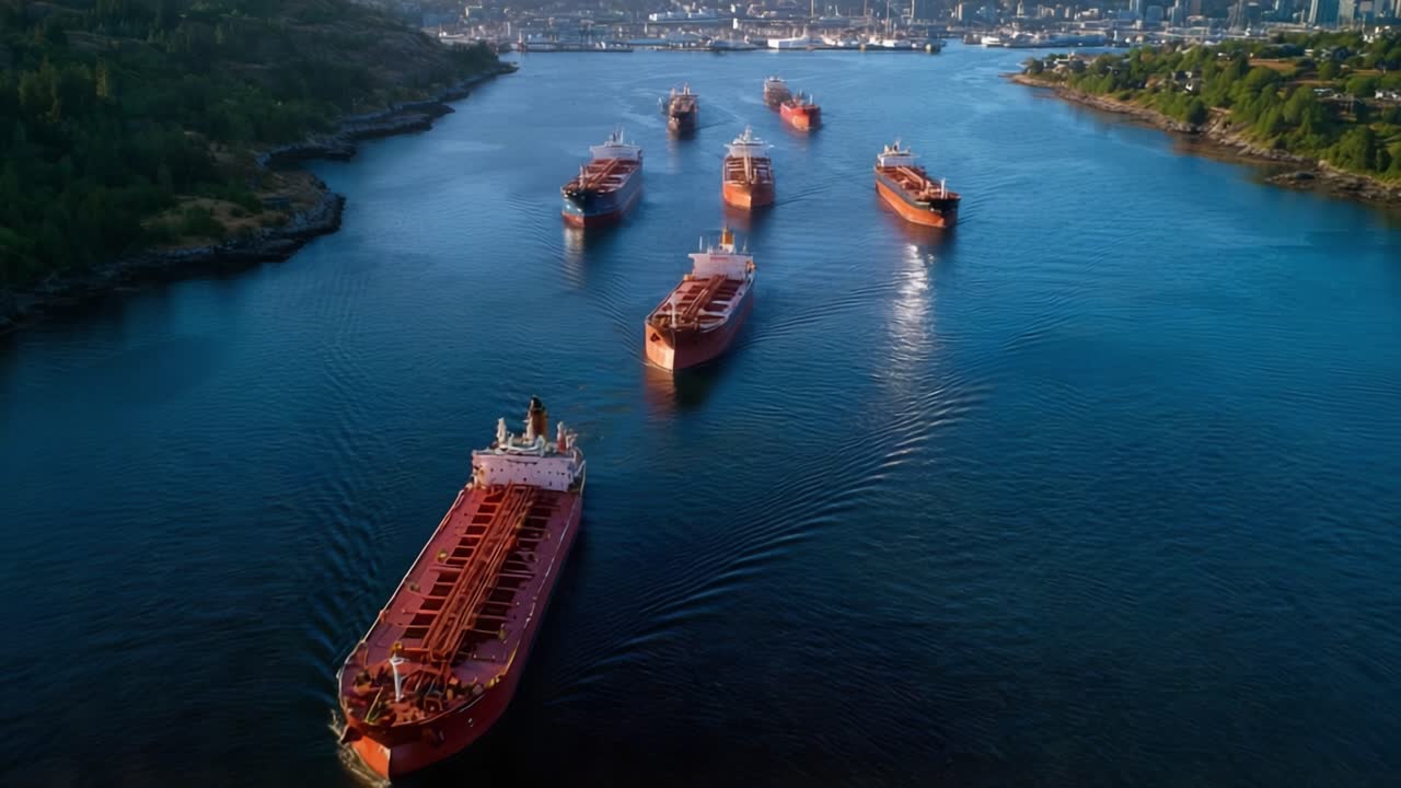 Aerial view of cargo ships sailing through a narrow waterway. Vessels move in formation under golden-hour lighting. Riversides lined with greenery and distant urban structures