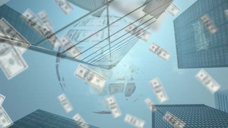 animation von geld, das einen globus im geschäftszentrum bildet