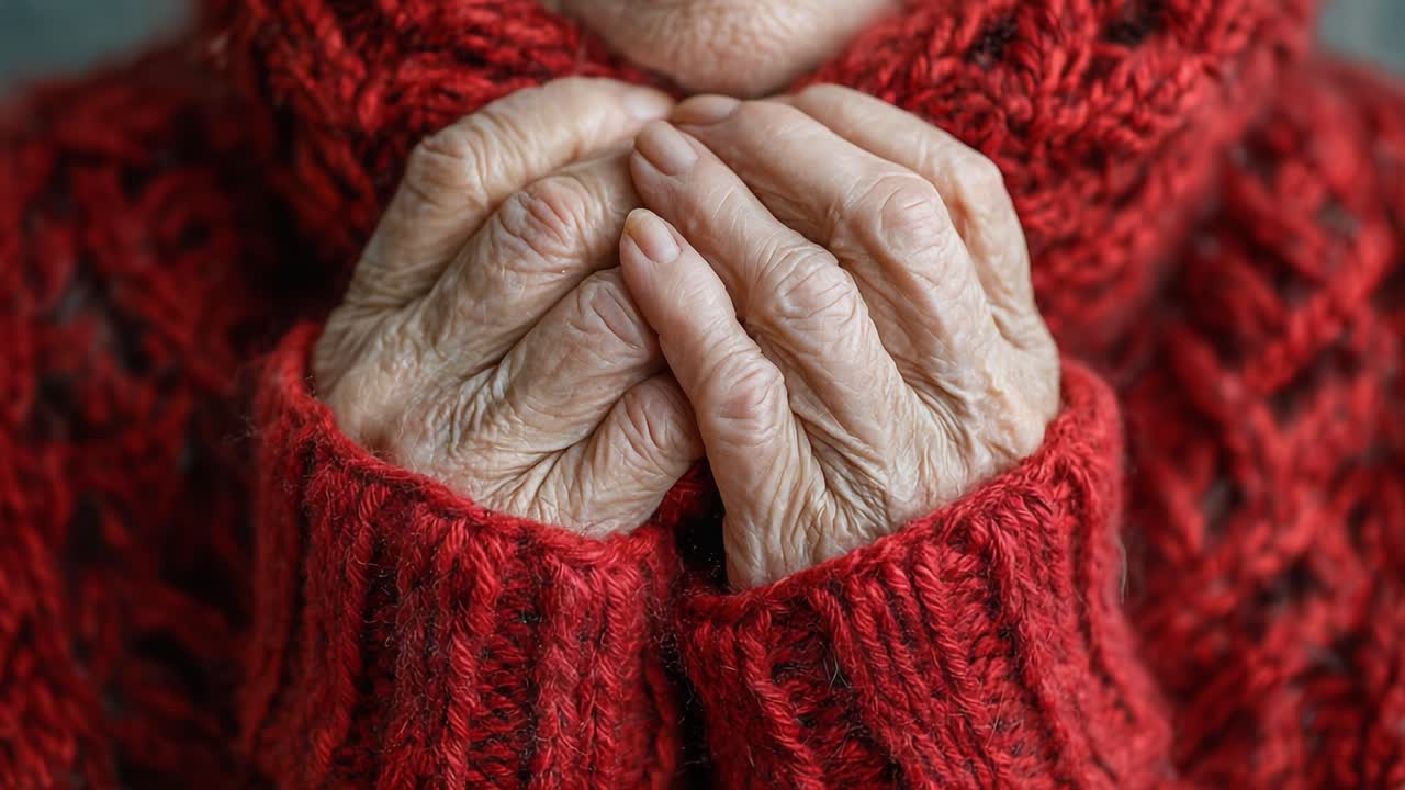 An elderly person's hands gently clasped around a red knitted scarf, showcasing the texture of the wool and the subtle details of aging skin and warmth during a cozy moment