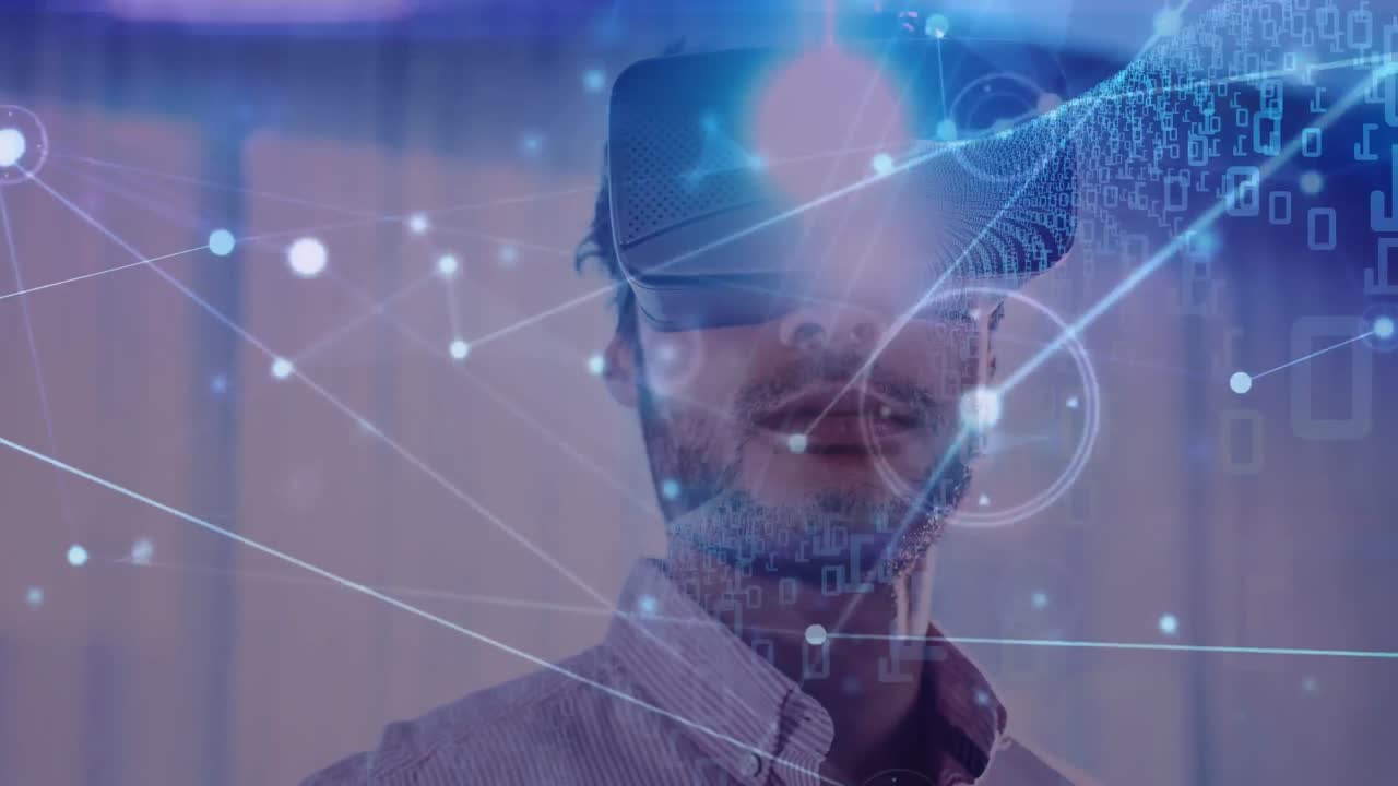 Animazione di una rete di connessioni su un uomo d'affari che indossa un visore VR