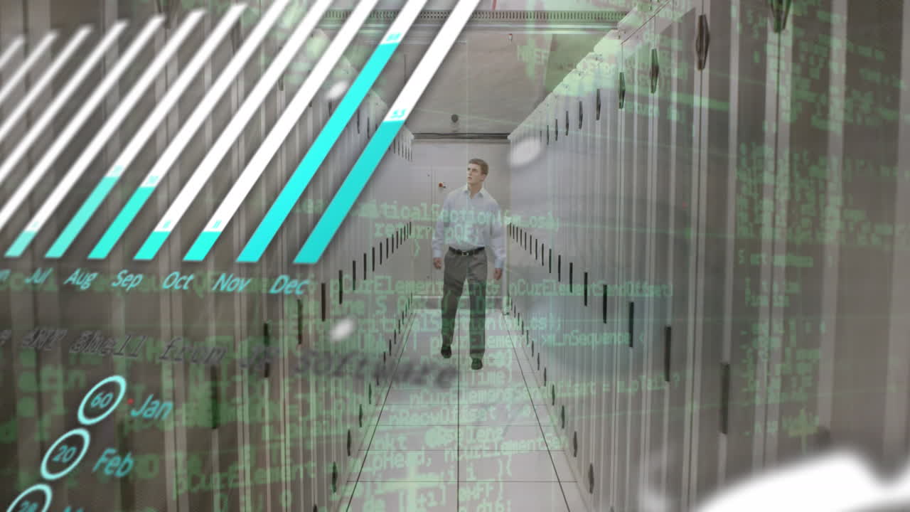 Animation of data processing with globe over caucasian male it engineer and computer servers