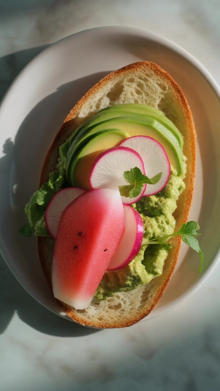 Bir tabakta dilimlenmiş turp ve mikro yeşillikli avokado tost