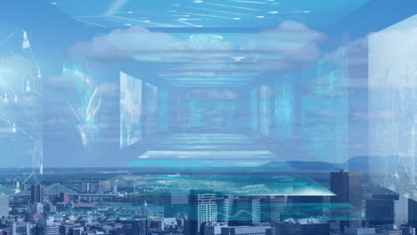 animation of network of connections and data processing over digital screens