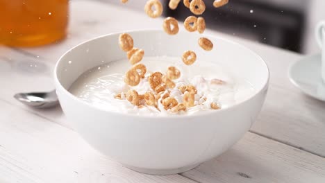 cereales de grano entero en forma de círculo que caen en un cuenco blanco lleno de leche en cámara lenta