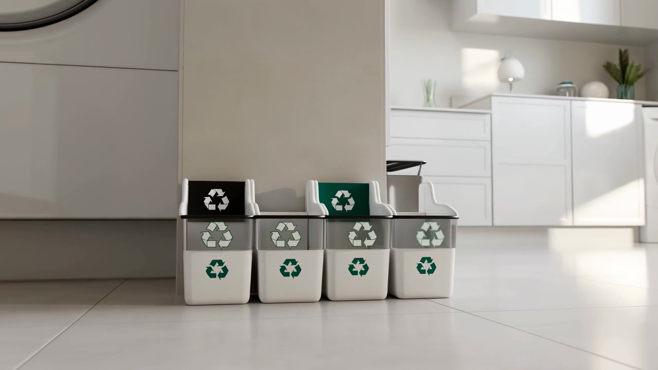 Four white recycling bins with green symbols stand side by side on glossy tiled floor beside neutral cabinetry in bright laundry room, creating clean domestic scene with soft daylight, reflections