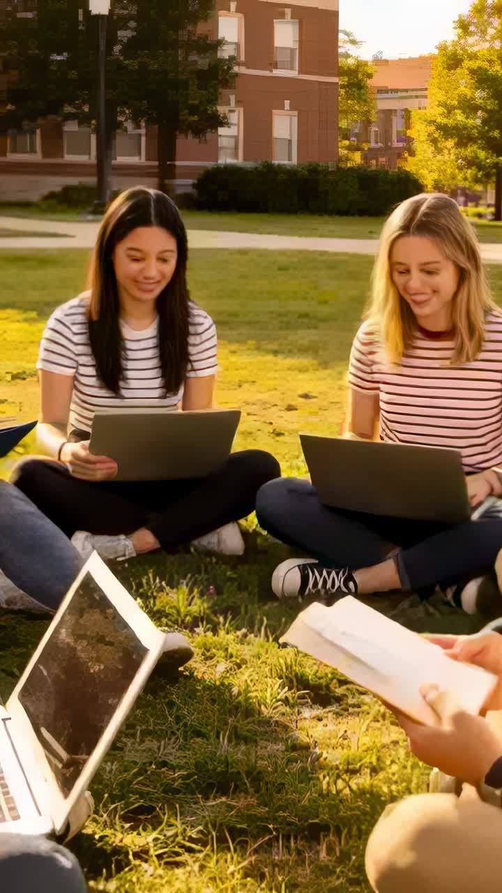 Video verticale: Lettore in primo piano che legge un libro mentre i coetanei studiano sul prato del campus, con i laptop.