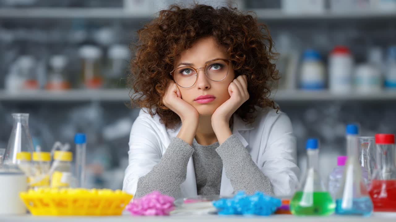 A Pensive Scientist in a Laboratory Surrounded by Colorful Chemical Experiments and Laboratory Equipment, Reflecting on Her Work and Discoveries