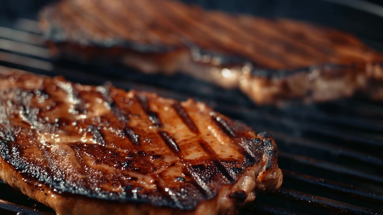 grilled steaks sizzle on a wooden grill in an outdoor barbecue setting, creating a delicious and appetizing scene with a close-up top-down view, highlighting the brown and black meat as itS.