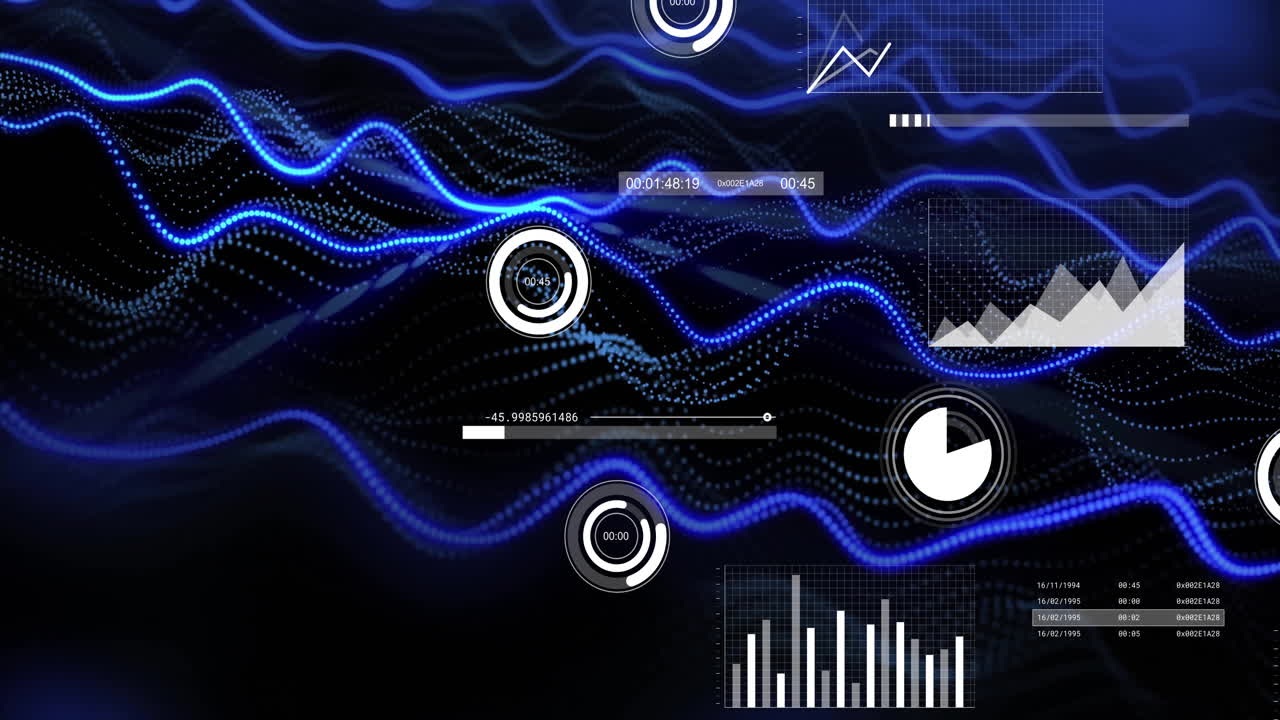 Abstract blue dotted waveform flowing across dark grid, showcasing animated HUD charts, sliders