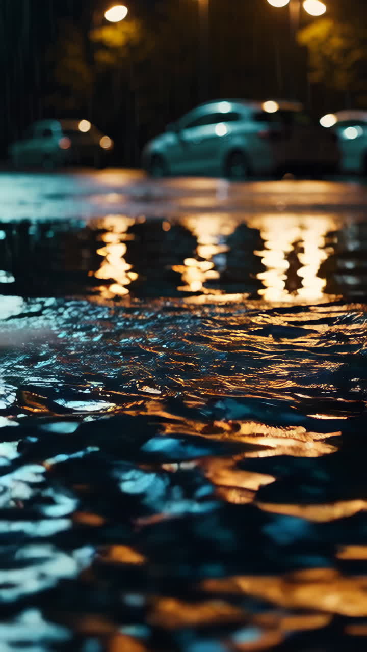 Night reflections in a rain puddle on a city street