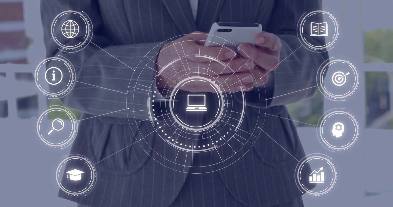 Female biz exec bringing phone into view, tapping and activating HUD laptop dashboard for analytics