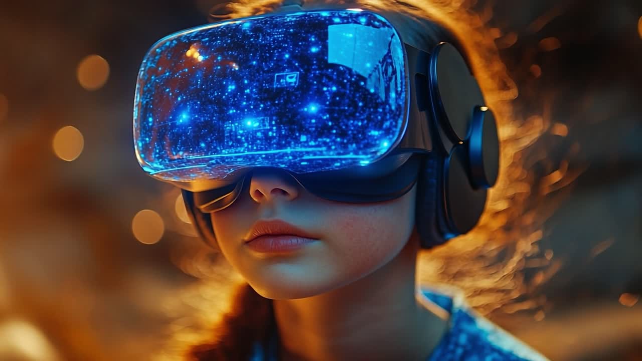 Girl in virtual reality. A child with a glowing VR headset is immersed in an interactive digital world, highlighting advanced tech.