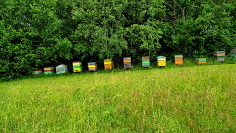 aerial reveals colorful letter mail boxes, in a garden grass open green fields