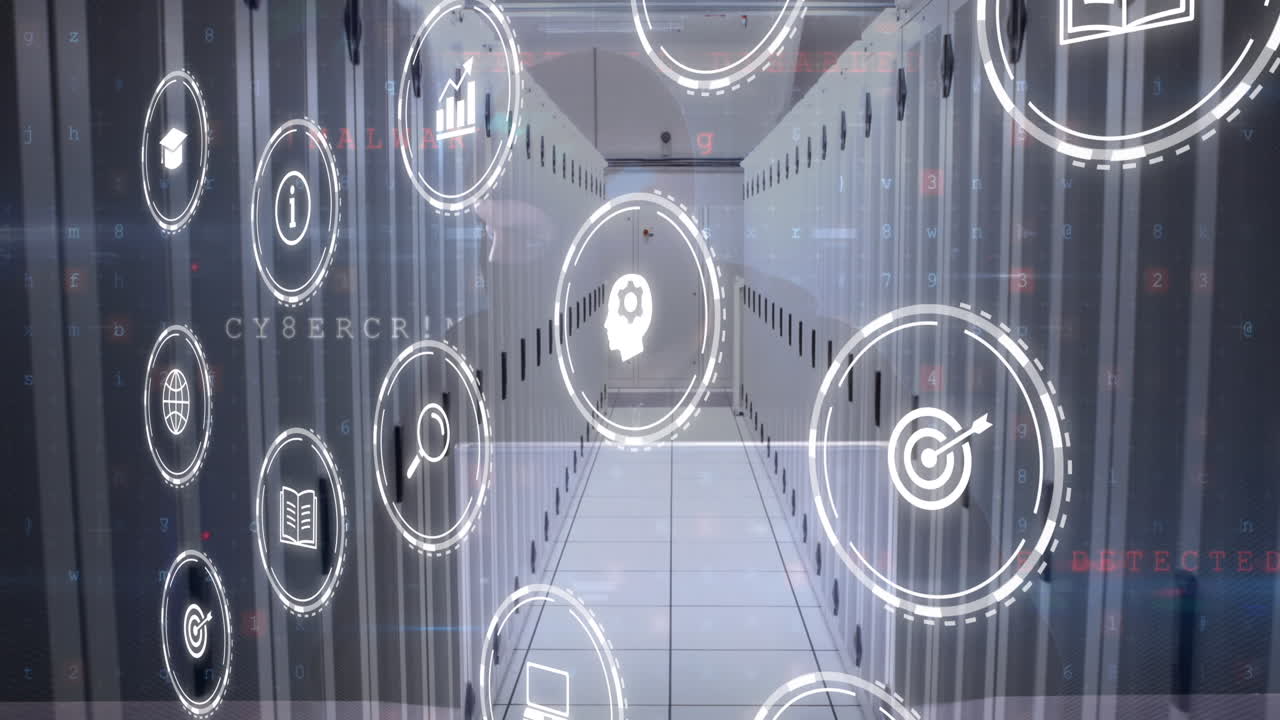 Animation of icons and data processing with connections over computer server