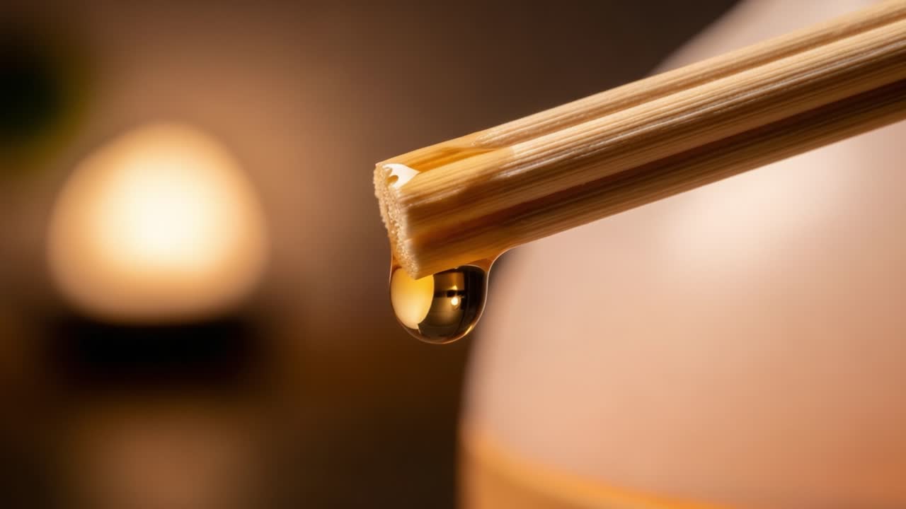 Delicate Essence: Capturing the Tranquil Moment of Aromatic Oil Dropping from a Bamboo Stick in a Soothing Ambiance