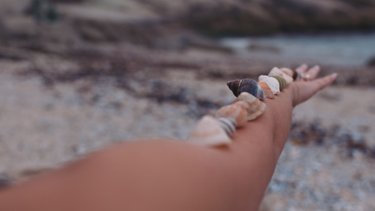 mujer de cerca equilibrando hermosas conchas marinas en el brazo disfrutando de las vacaciones de verano