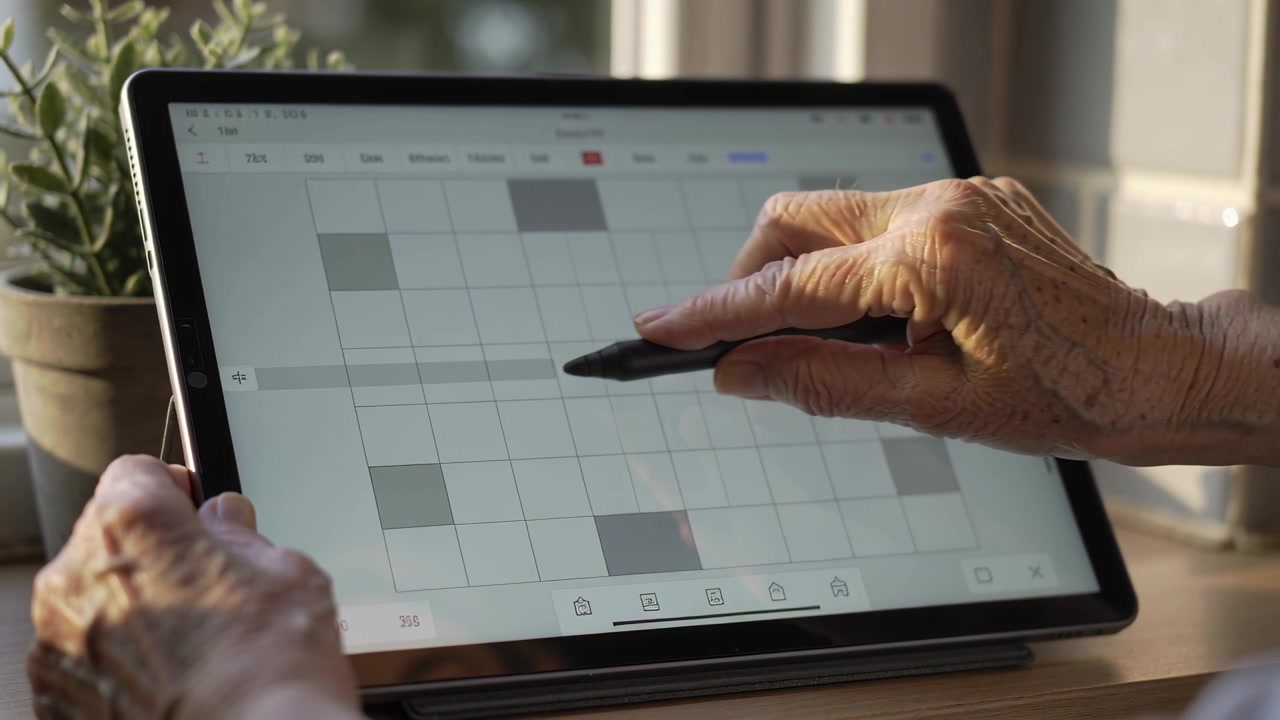 Steadying tablet using left hand, senior tapping stylus across grid app at wooden table, succulent