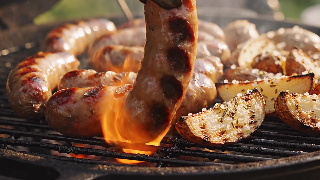 Salsichas Grelhadas e Batatas Rústicas Temperadas em Churrasqueira Externa