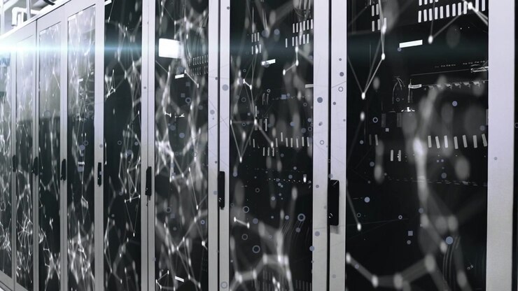 Row of server racks in data center showing animated network overlay with camera panning right